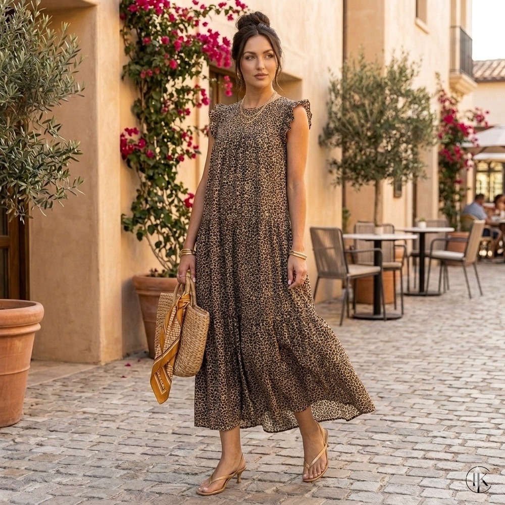 ASOS Design Leopard Print Tiered‎ Maxi Dress Women's Size 6